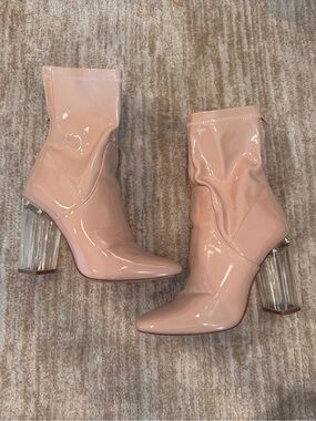 Women’s Nude/Blush Pink Patent Sock Boots with Clear Acrylic Block Heel size 7